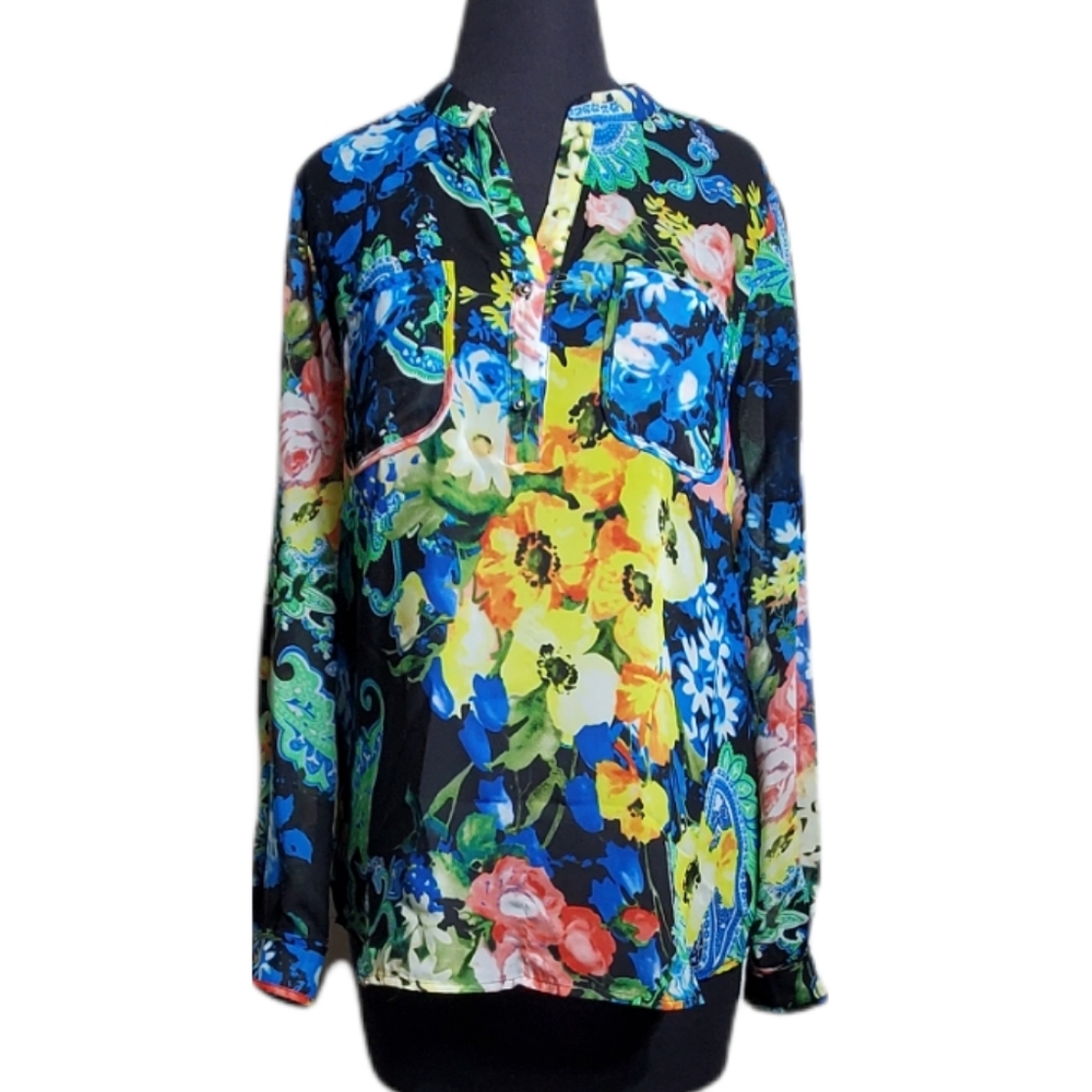 NY Collection semi sheer half floral print button up top size medium